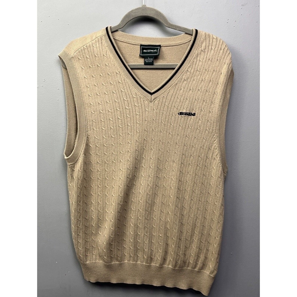 Bolle Sweater Vest Mens Large Tan Golf V-Neck Cable Knit Cotton Sleeveless Logo